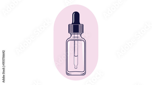 Minimalist illustration of a glass dropper bottle used for essential oils or facial serums on a soft purple background.