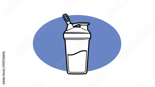 Simple line-art illustration of a fitness protein shaker bottle for sports nutrition on a blue oval background.