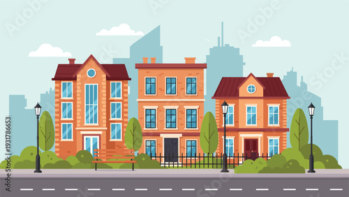 Charming city street scene showcasing colorful residential buildings, green trees, a park bench, and classic lamp posts.