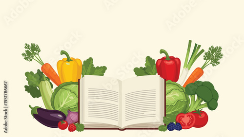 Open recipe book surrounded by an abundance of fresh organic vegetables and healthy ingredients for home cooking.