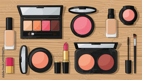 Flat lay of various beauty products and makeup essentials including eyeshadow palettes, blush, and lipstick on wood.