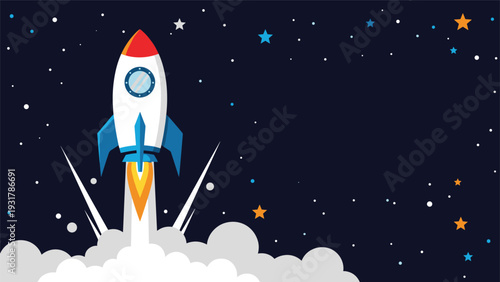 Cartoon rocket ship launching into a starry space background with smoke clouds and glowing stars in the night sky.