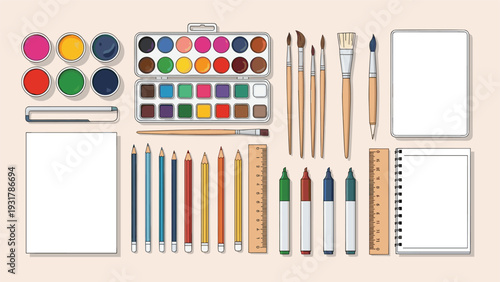Comprehensive set of art supplies including paints, brushes, pencils, markers, and sketchbooks for creative projects.