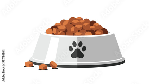 Pet food bowl is filled with dry kibble for a dog or cat and features a black paw print design on the side of the container.