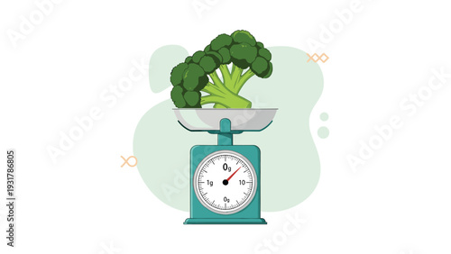 Green broccoli head is placed on a vintage kitchen scale to measure weight for healthy cooking and dietary nutrition tracking.
