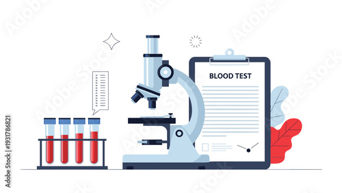 Scientific blood test setup includes a microscope and test tubes with medical reports for healthcare diagnostics in a laboratory.