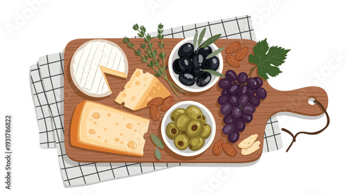 Appetizing charcuterie board is filled with gourmet cheeses and olives alongside grapes and almonds for a perfect party snack.