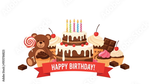 Happy birthday celebration scene displays a chocolate cake with cupcakes and sweets alongside a cute teddy bear for a child.