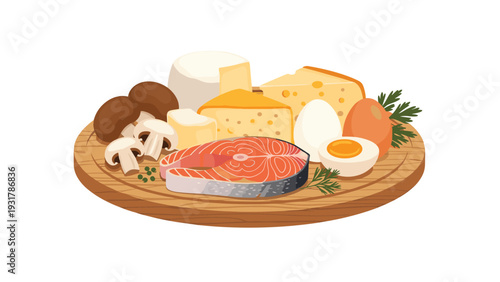 Assortment of healthy keto diet foods like fresh salmon and mushrooms with cheese and eggs are arranged on a wooden board.