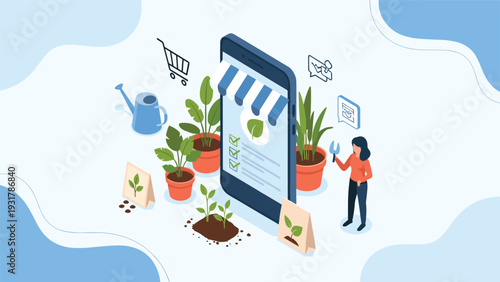 Online plant store concept shows an isometric view of a smartphone screen with gardening tools and various potted flowers for sale.