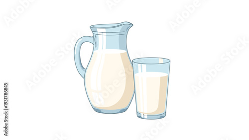 Fresh glass of white milk sits next to a large glass pitcher for a healthy breakfast or snack providing essential calcium and vitamins.