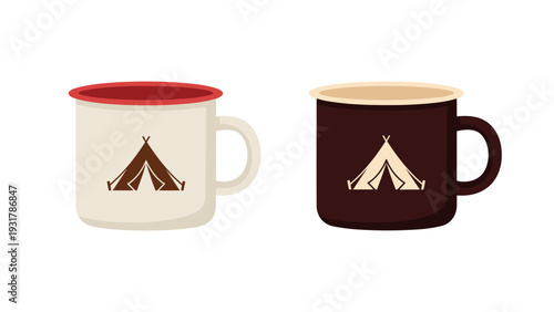 Two camping enamel mugs with tent illustrations are shown in white and dark brown colors for outdoor adventures and hiking trips.