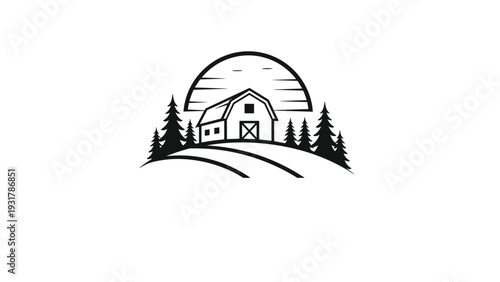 Minimalist black silhouette shows a rustic barn on a hill surrounded by pine trees under a simple arched sun or moon shape.