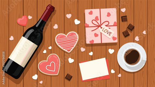 Valentines day flat lay features a bottle of red wine with coffee and heart shaped cookies next to a gift box on a wooden table.