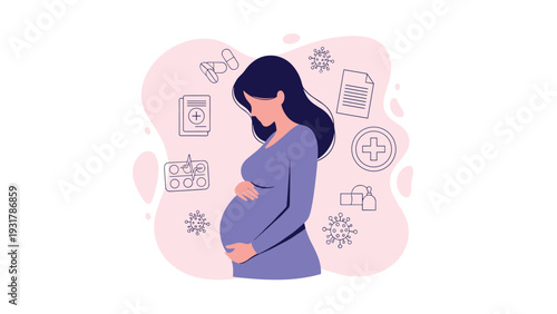 Pregnant woman silhouette is surrounded by medical icons and virus symbols representing maternal health and prenatal care during pandemic.