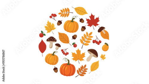 Round autumn composition is made of colorful fall leaves and ripe pumpkins with mushrooms and berries on a clean white background.