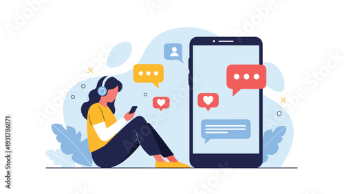 Young woman sits comfortably and uses her smartphone for social media and messaging with headphones on against a blue background.