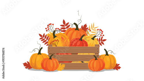 Wooden crate is filled with an assortment of orange pumpkins and autumn leaves for a harvest festival or thanksgiving celebration.