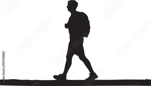 Small Hiker Silhouette Walking on Ground Line