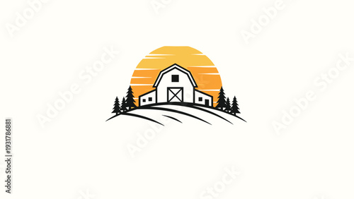 Classic farm barn silhouette stands in front of a large orange sun with pine trees on a rolling hill in a rustic vintage style.
