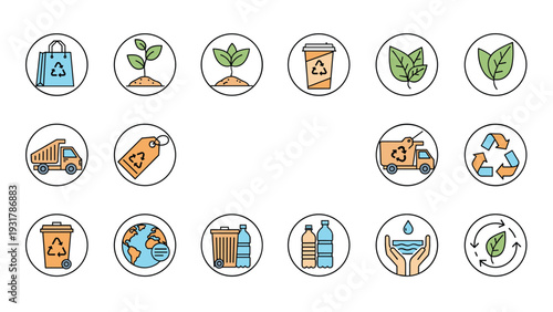 Large collection of environmental and recycling icons features green energy and waste management symbols in a clean circular design.