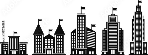 Modern City Building Outline Icon Set with Skyscrapers, Urban Architecture, and Downtown Skyline Elements for Real Estate and Construction Design