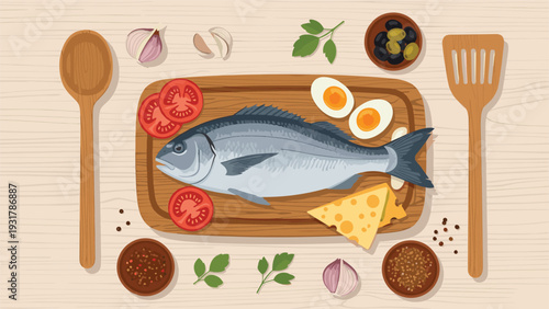 Top down view of a kitchen table features a fresh fish on a wooden board with eggs and tomatoes along with various cooking spices.