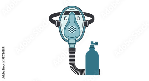 A teal gas mask with attached hose and canister presented in a flat illustrative style silhouette high quality professional detailed modern
