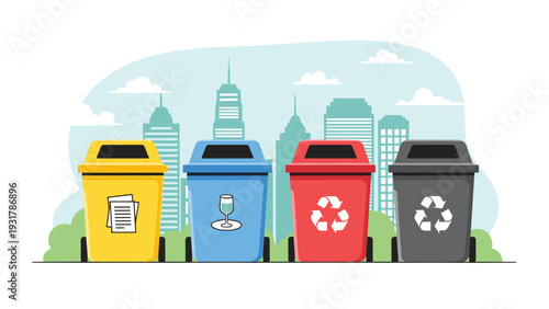 Four colorful recycling bins for paper and glass with plastic and metal are placed in front of a modern city skyline at daytime.
