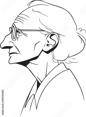 Old Woman Black and White Avatar Illustration in Minimal Line Art Style Design