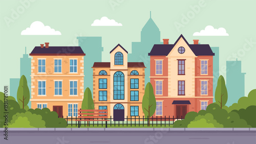 Vibrant city street illustration featuring colorful residential apartment buildings, green trees, and a park bench.