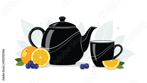 Elegant black ceramic teapot and matching cup served with fresh orange slices and blueberries on white background.
