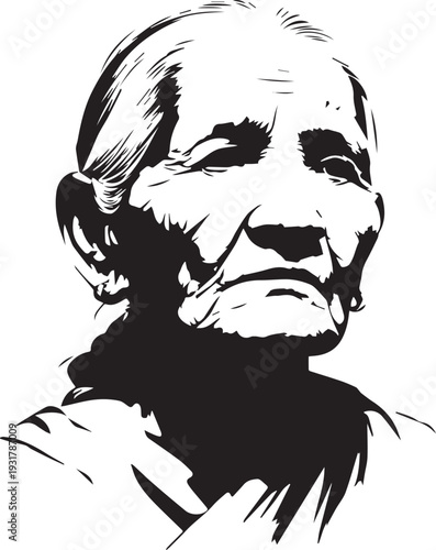 Old Woman Black and White Avatar Illustration in Minimal Line Art Style Design