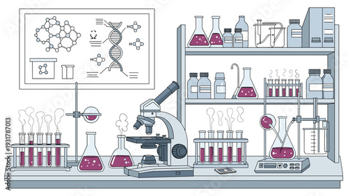Detailed scientific research laboratory setting filled with chemical glassware, a microscope, and DNA diagrams.