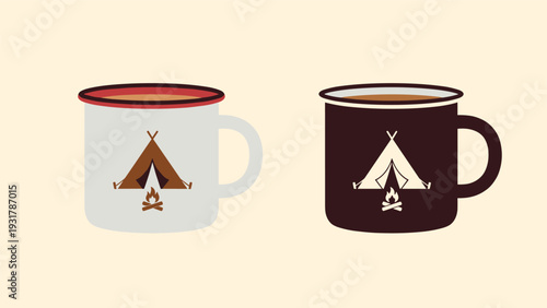 Pair of camping mugs in white and brown featuring a minimalist tent and campfire logo on a plain background.