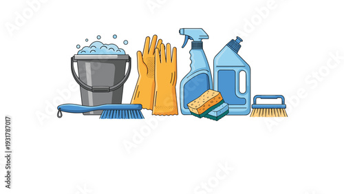 Complete set of household cleaning supplies including a bucket, spray bottle, scrub brushes, sponges, and gloves.