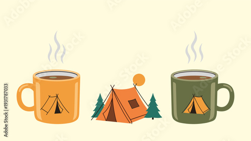 Outdoor camping concept featuring an orange tent between two mugs of hot coffee with steam rising on a cream background.