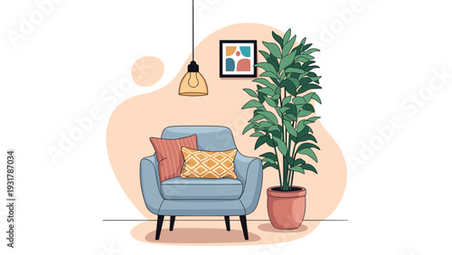 Modern interior design of a cozy reading nook featuring a blue armchair, decorative pillows, and a tall plant.