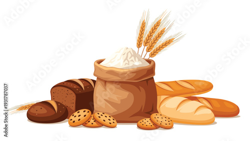 Traditional bakery display with a sack of white flour, fresh loaves of bread, crunchy baguettes, and cookies.
