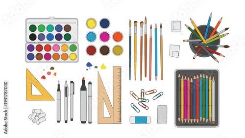 Full set of creative art materials including watercolor paints, brushes, pencils, markers, and drafting tools.