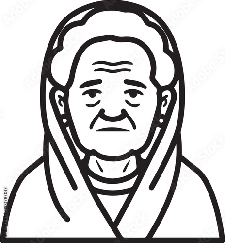 Old Woman Black and White Avatar Illustration in Minimal Line Art Style Design