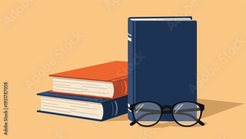 Stack of academic books with a pair of black rimmed glasses in front on a warm orange colored background for study.