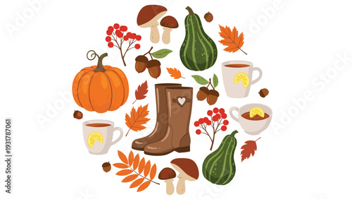 Circular arrangement of cozy autumn items including rain boots, a pumpkin, gourds, and mugs of hot lemon tea.