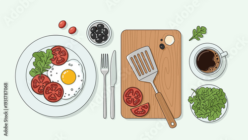 Healthy breakfast table setting with a fried egg, fresh tomatoes, a cup of black coffee, and green leaf salad.