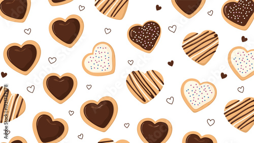 Delicious seamless pattern background featuring heart shaped cookies decorated with chocolate and sprinkles.