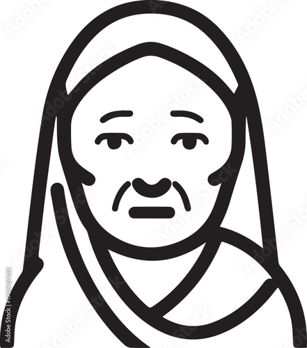 Old Woman Black and White Avatar Illustration in Minimal Line Art Style Design