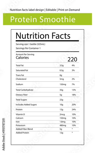 Protein Smoothie Nutrition Facts Label - Beverage Package Design Template