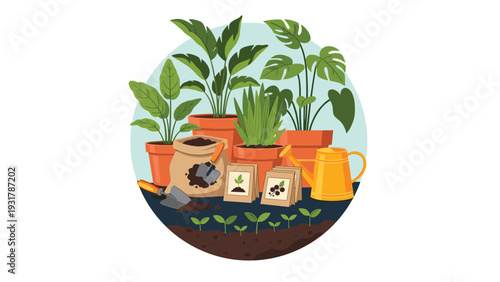 Circular gardening illustration shows various potted houseplants, seedlings, a watering can, and seed packets for a garden.
