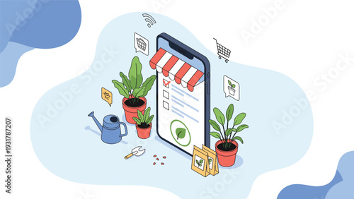Isometric illustration shows a mobile app for shopping plants online with a storefront on a smartphone and garden tools.