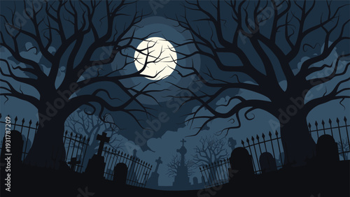 Spooky graveyard scene at night features silhouettes of bare trees, iron fences, various tombstones, and a large moon.